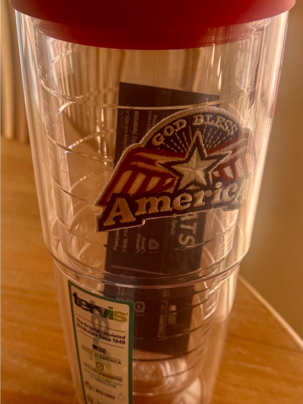 tervis Clear Tumbler with Red Lid and Patriotic America Patch